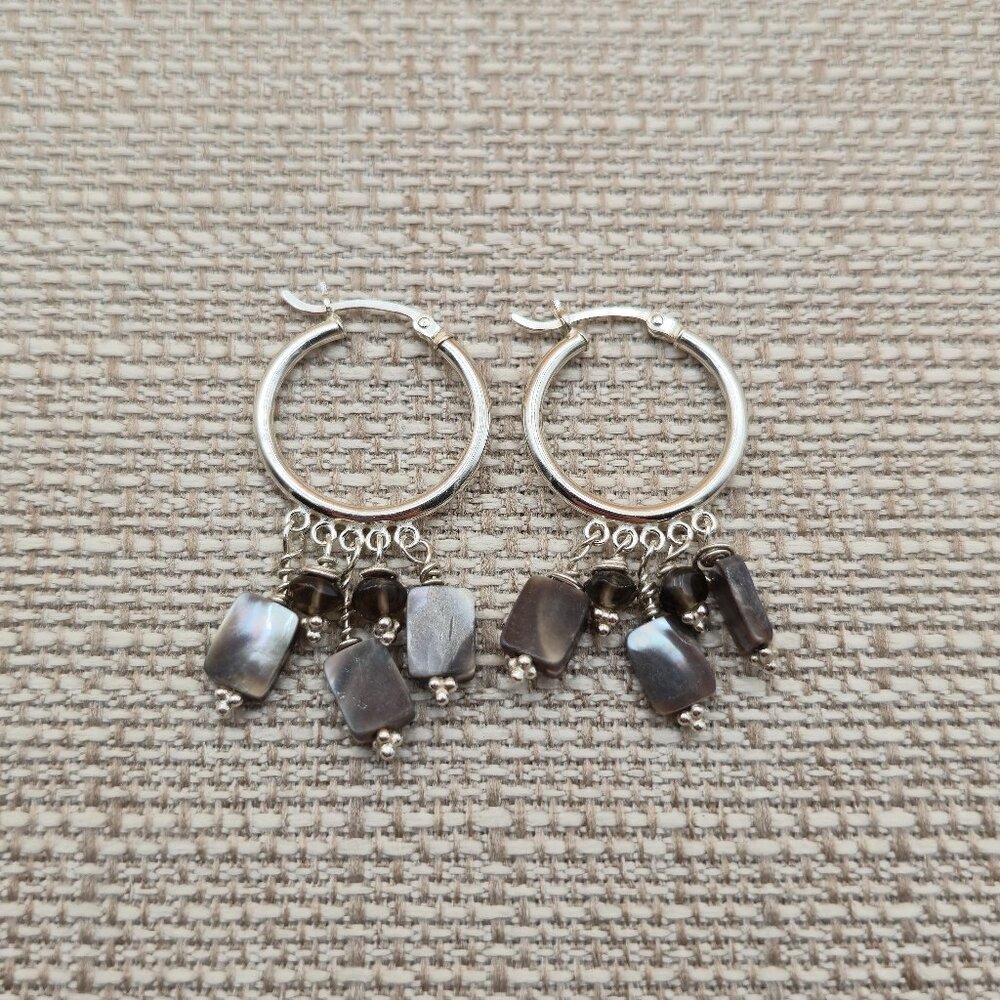 Sterling Silver Abalone And Smoky Quartz Stone Hoop Earrings A5654